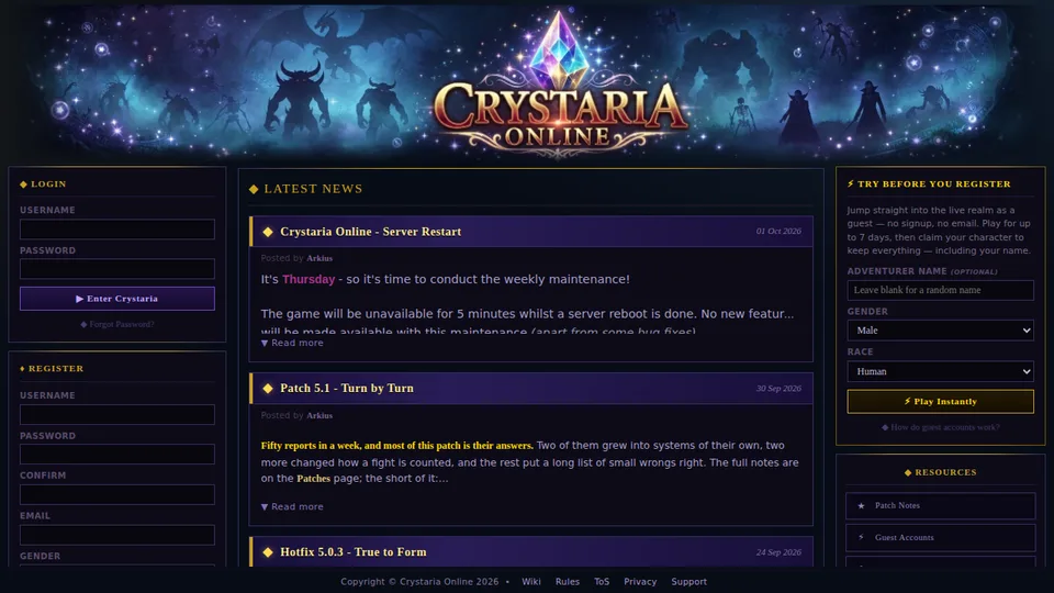 Crystaria Online home page