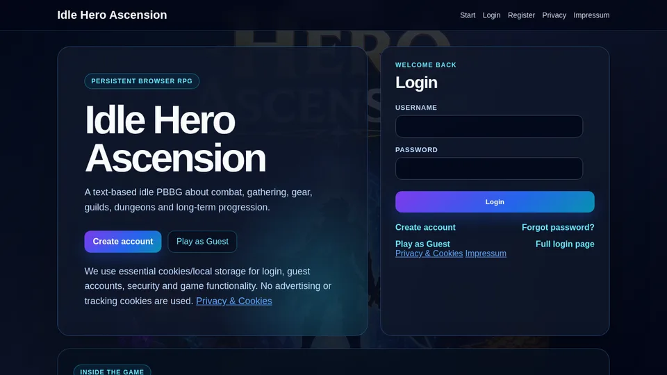 Idle Hero Ascension home page