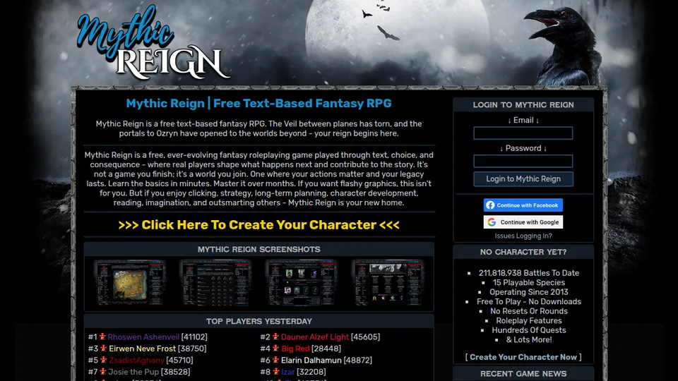 Mythic Reign home page