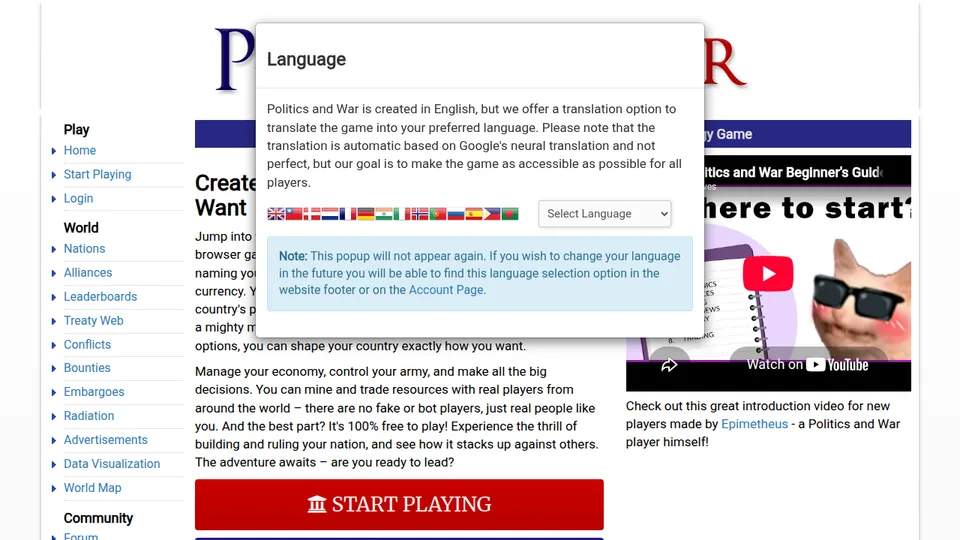 Politics & War home page