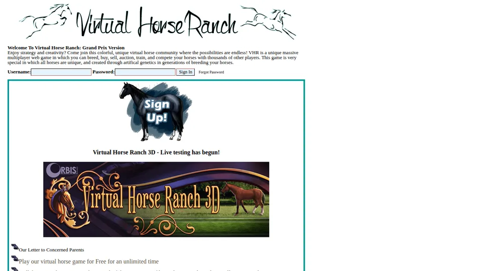 Virtual Horse Ranch home page
